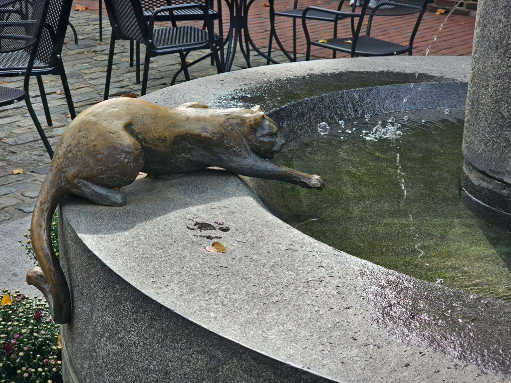 Sculpture of a cat, reaching its paw into the pool of a water fountain.